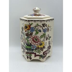 Masons Ironstone Nabob Hexagon Tea Caddy Canister Jar England Floral Lid